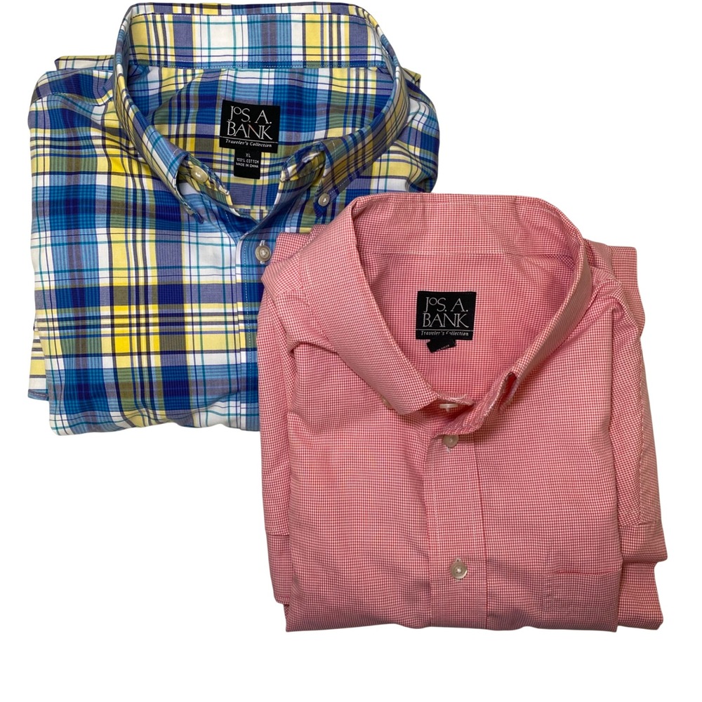 Jos A Bank Travelers Collection Mens XL Lot 2 Blue Yellow Plaid Red Check Shirts